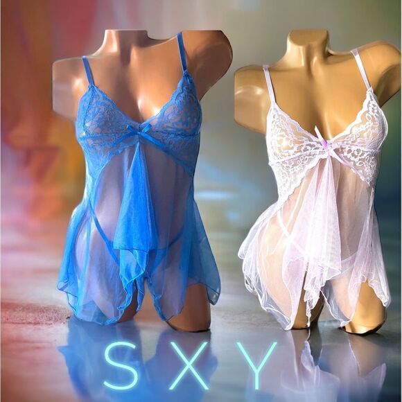 SXY l 2 Lingerie Sets l Royal Blue/Lavender l Sheer l Lace Trim l Thong l M New - Picture 1 of 11